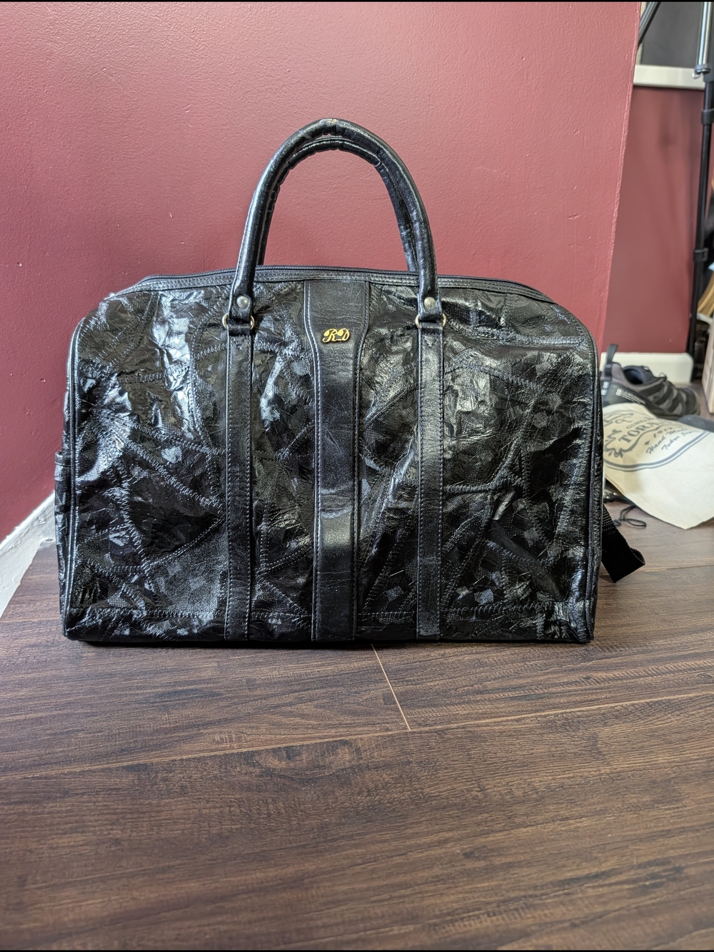 Vintage Japanese Black Patent Leather Patchwork Handbag Doctors Bag Large